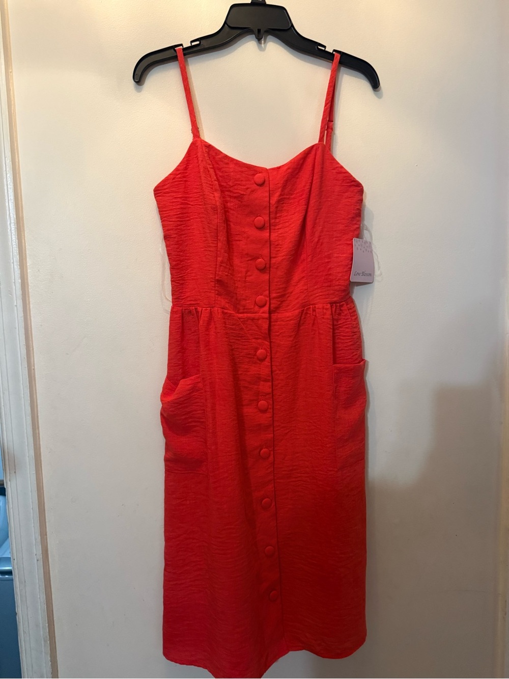 Salmon/Rojo Button-Front Spaghetti Strap Dress